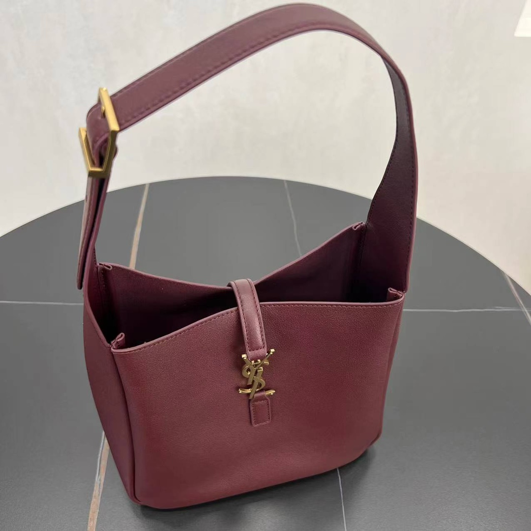 Saint Laurent LE 5 A 7 Small Soft Grained Calfskin Shoulder Bag Handbag Wine Red 713938